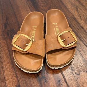 Birkenstock Tan Slides with Gold Buckle